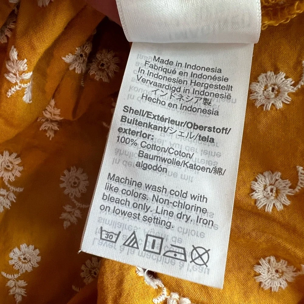 JCrew Mustard Peasant Blouse White Embroidered Flowers Keyhole Front - Picture 9 of 12
